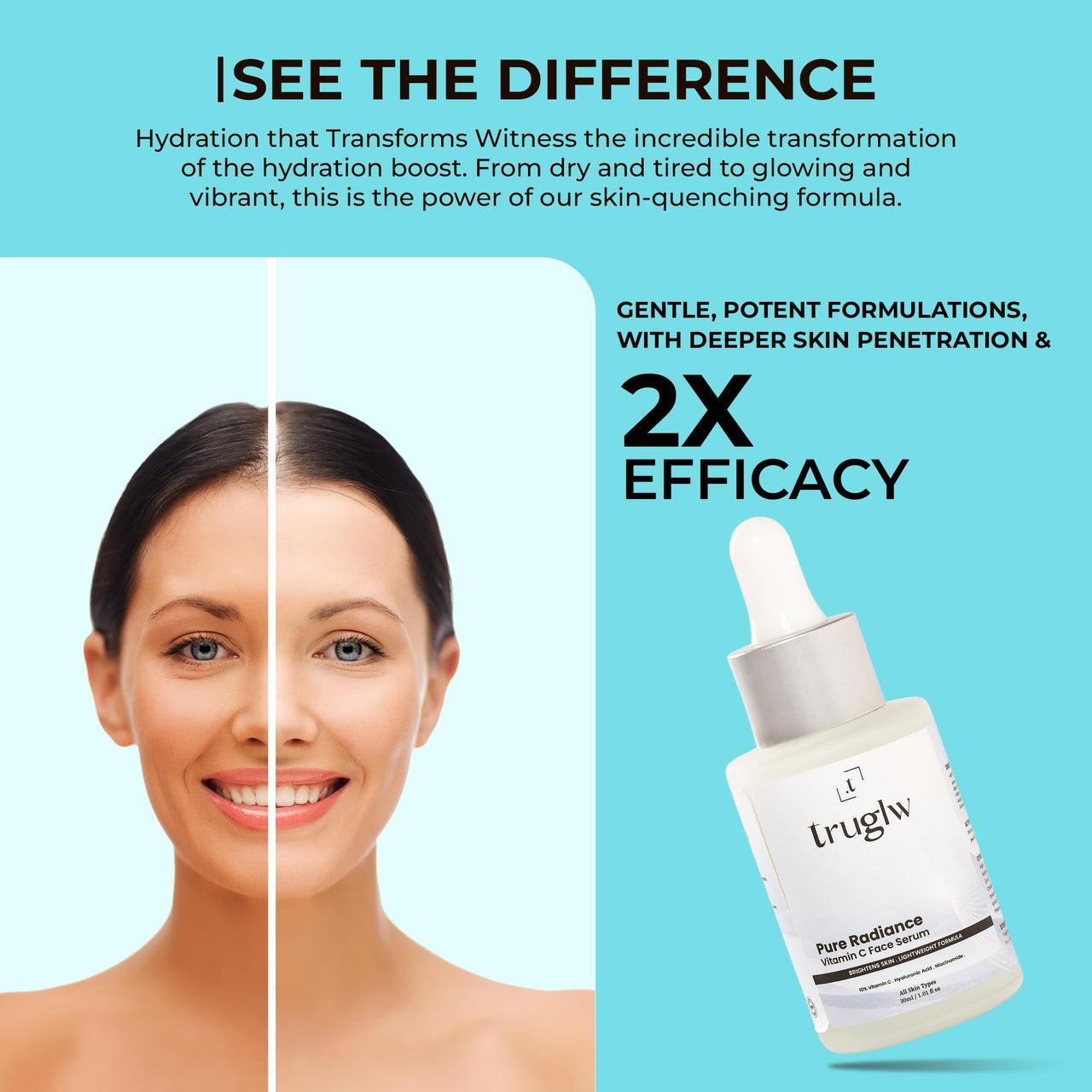 Truglw 10% Vitamin C Serum for Face, Hydrates Dry Skin with 1% Hyaluronic Acid, 5% Niacinamide, Brightens Dull Skin, Fades Dark Spots, Reduces Pigmentation, For Sensitive and Acne-Prone Skin - 30ml