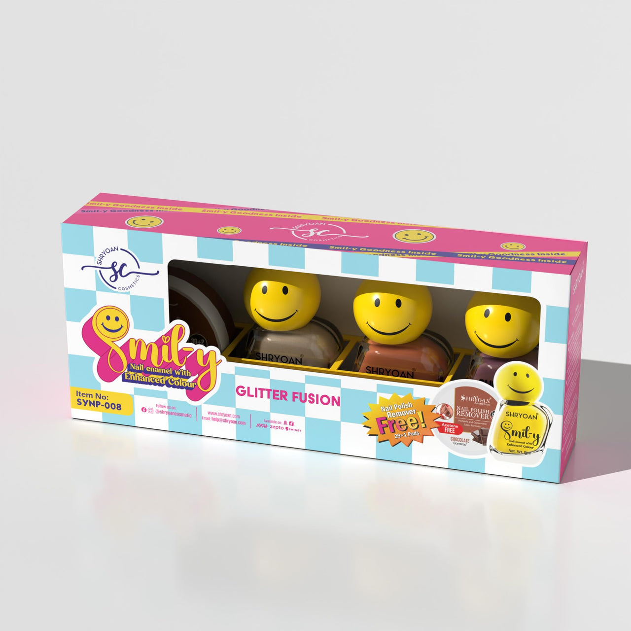 Shryoan Smil-y Glossy Nail Enamel With Enhanced Colors | Long Lasting Nail Polish | With Nail Polish Remover | Shade- Glitter Fusion | Set of 3 | 11ml Each