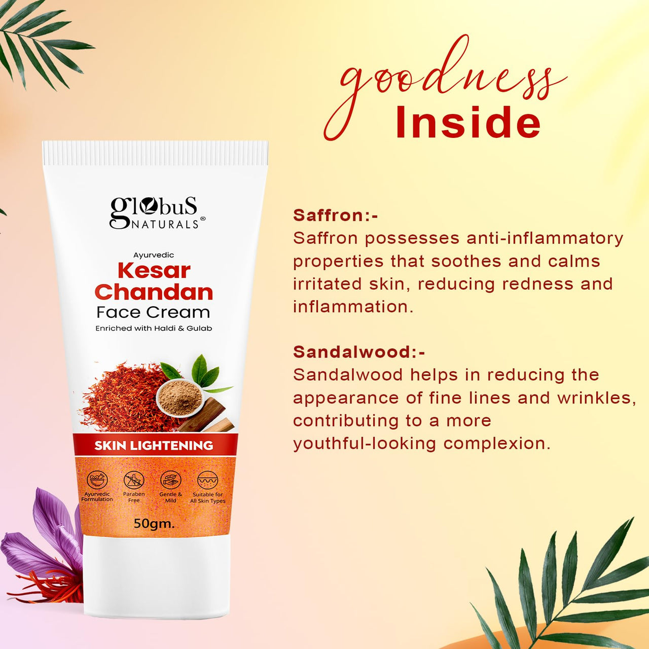Globus Naturals Daily Glow Kesar Chandan Face Cream with SPF, Skin Lightening Formula For All Skin Types, 50 gm (Pack of 3)