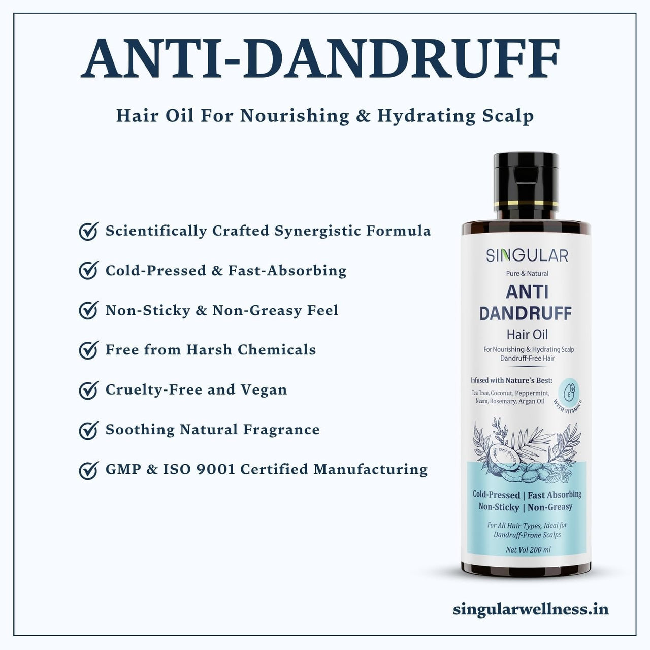 Singular Anti Dandruff Hair Oil for Men & Women - Pure & Natural Cold Pressed Hair oil for Dandruff and Hairfall for Scalp Microbiome Balance with Tea Tree, Peppermint & More Hair Oil - 200 ml