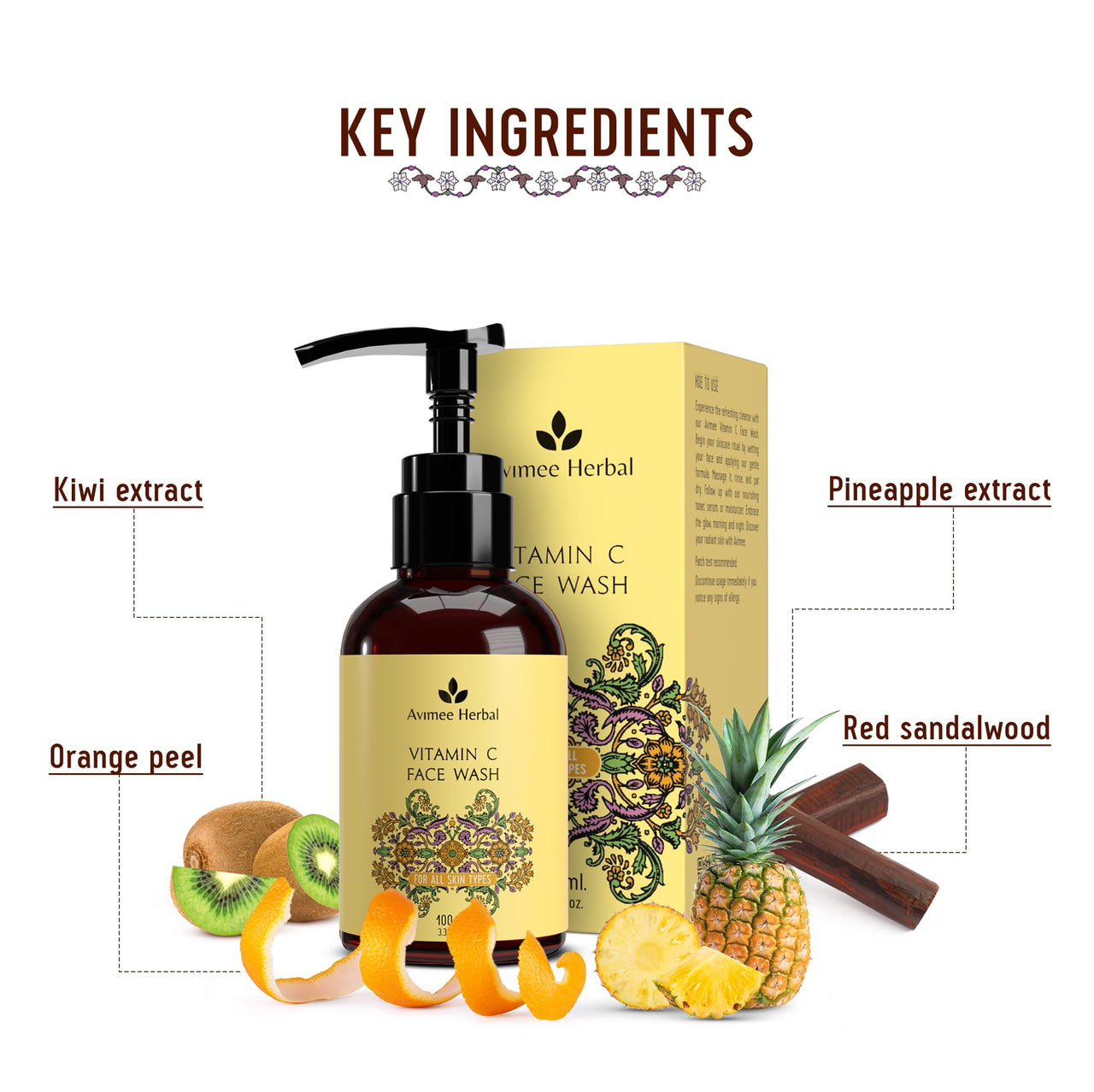 Avimee Herbal Vitamin C Face Wash for Women & Men | For Acne-Prone, Dry, Dull & Oily Skin, Illuminates Skin | Sulphate Free | 100 ml