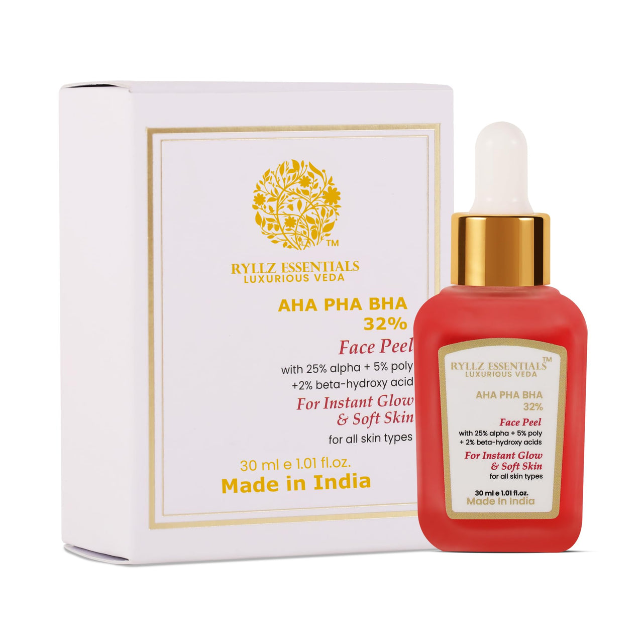 RYLLZ ESSENTIALS 25% AHA + 2% BHA + 5% PHA Peeling Serum for Face | with Vitamin E, Rosehip Extract & Niacinamide | for Glowing Skin, Smooth Texture & Pore Cleansing | 10-Minute Facial | 30ml