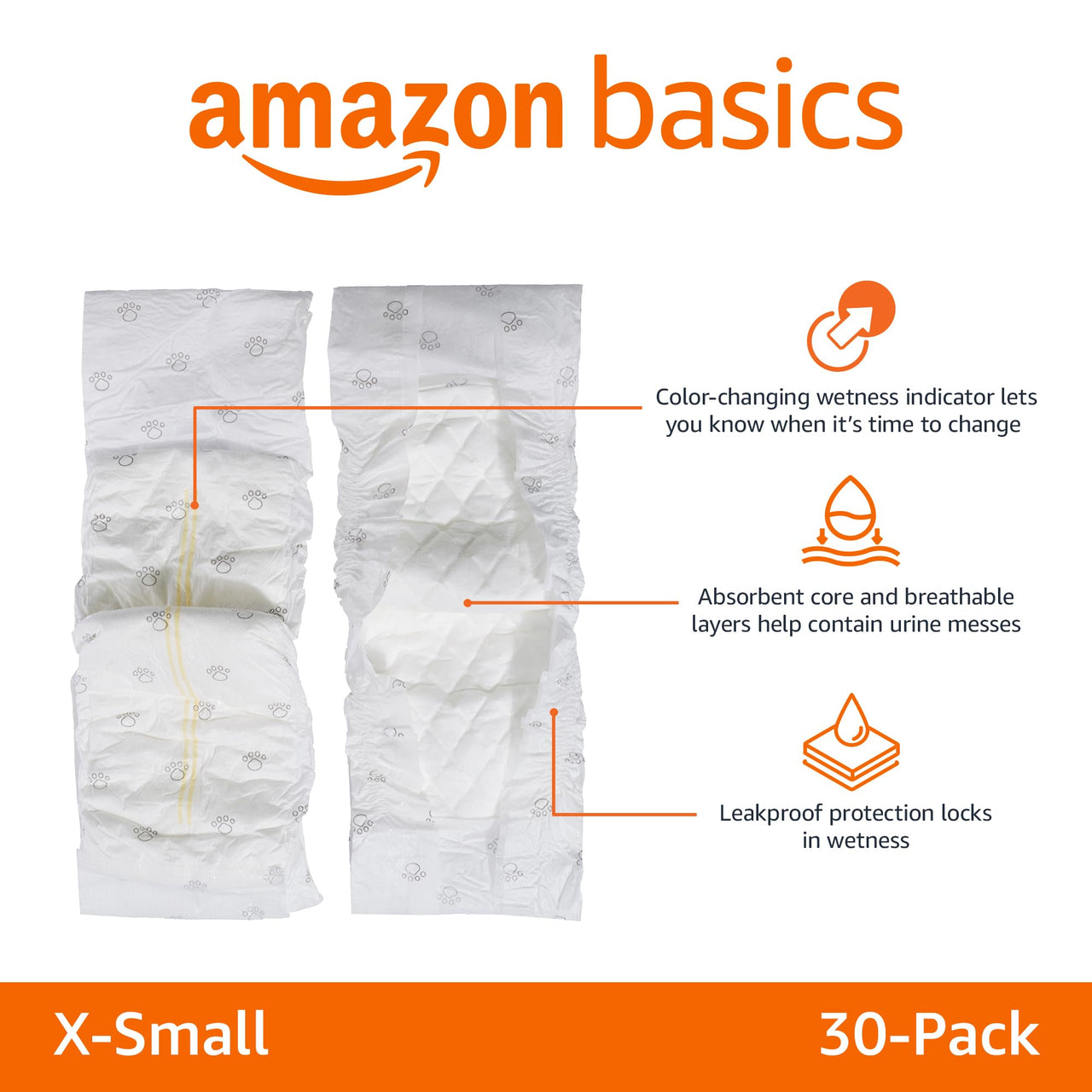 Basics Male Dog Wrap, Disposable Diapers, X-Small, Pack of 30, White X-Small (Pack of 30)