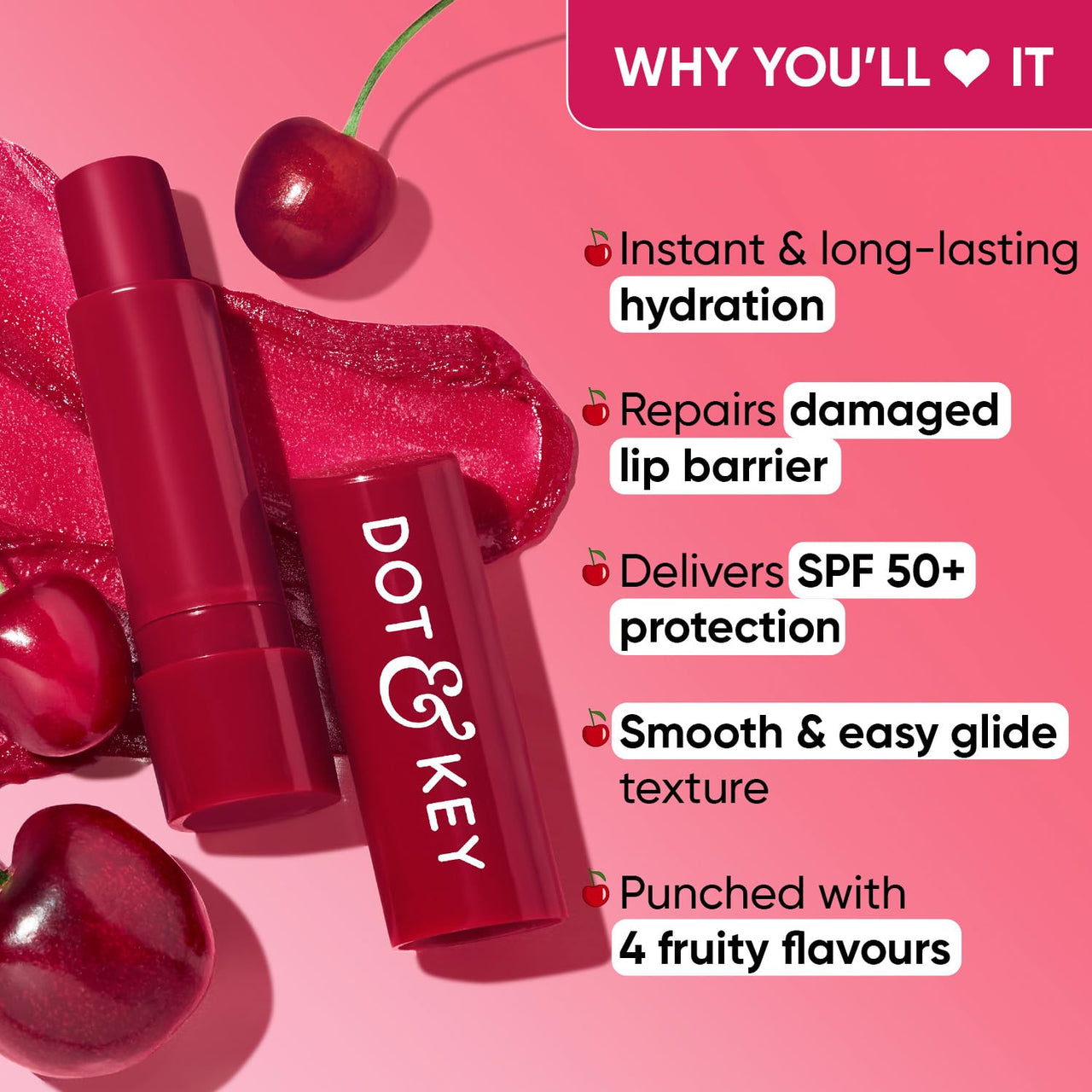 Dot & Key Barrier Repair Hydrating Lip Balm SPF 50 | Cherry Crimson | Repairs Damaged Lip Barrier | High Tinted | 4.5 gm