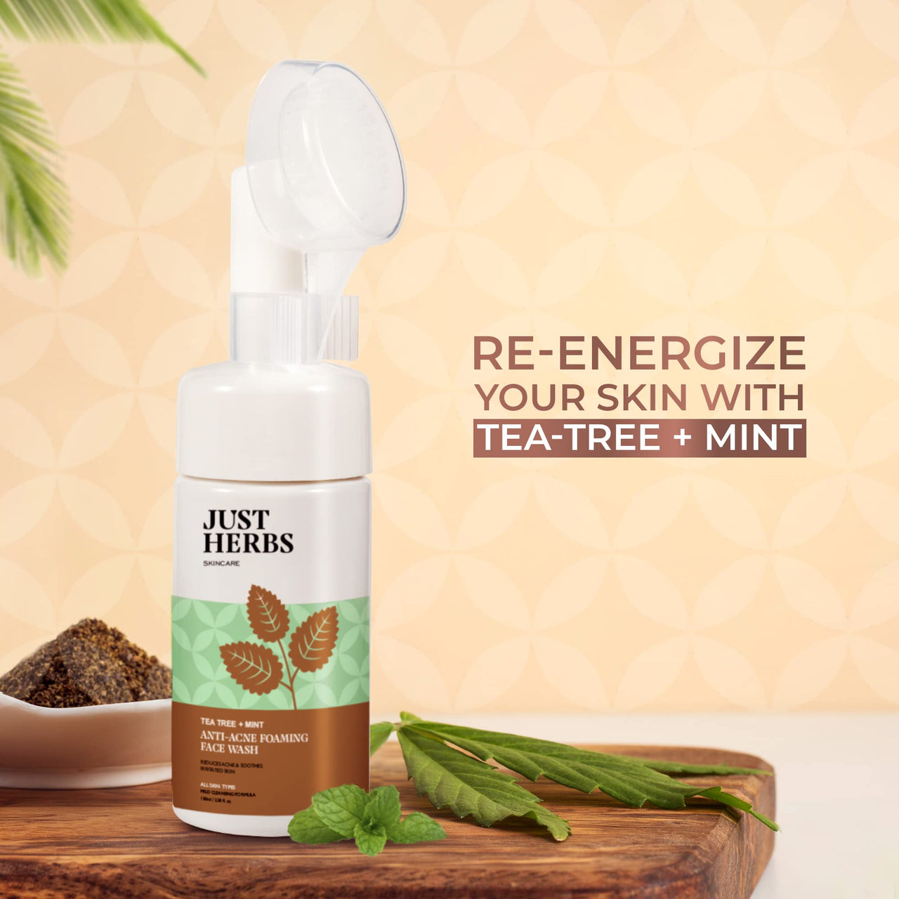 Just Herbs Anti Acne Foaming Face Wash Men Women With Tea Tree and Mint for Oil Control, Glowing Skin Brush - 100ml & Just Herbs Brightening Foaming Face Wash- 100ml Combo