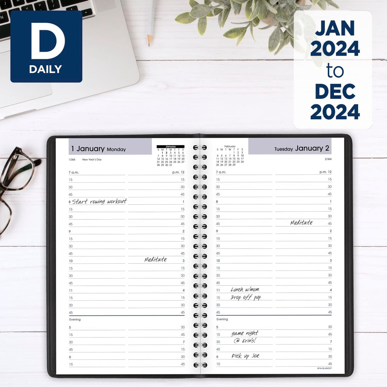 AT-A-GLANCE 2024 Daily Planner, DayMinder, Quarter-Hourly Appointment Book, 5" x 8", Small, Black (G1000024) 2024 New Edition