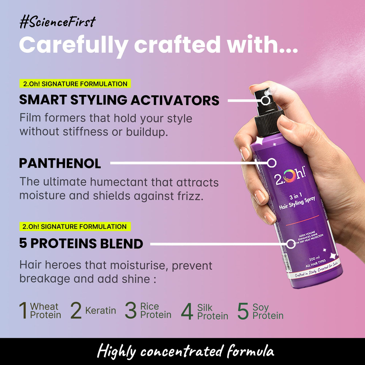 2.Oh! Italian 3-in-1 Hair Styling Spray | Heat Protectant | Volumizer | With Panthenol and Proteins | No Residue Shine Spray | Natural Hold for Men and Women