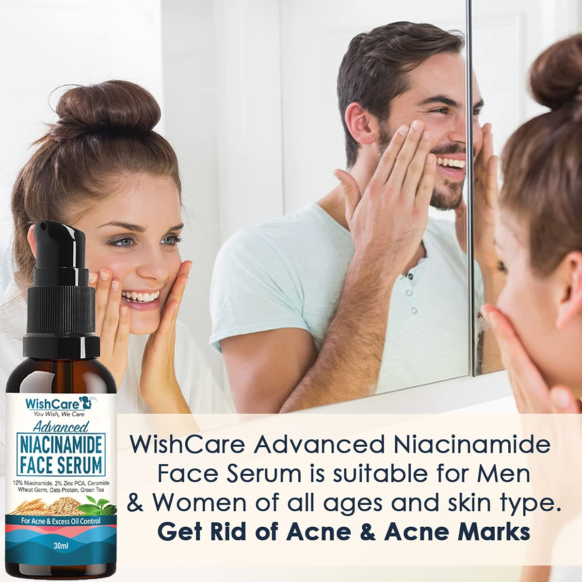 WishCare Advanced 12% Niacinamide Serum for Acne, Acne Marks, Blemishes & Oil Balancing with 2% Zinc, Ceramide Oats, Green Tea - 30ml, Natural (WCNS30)