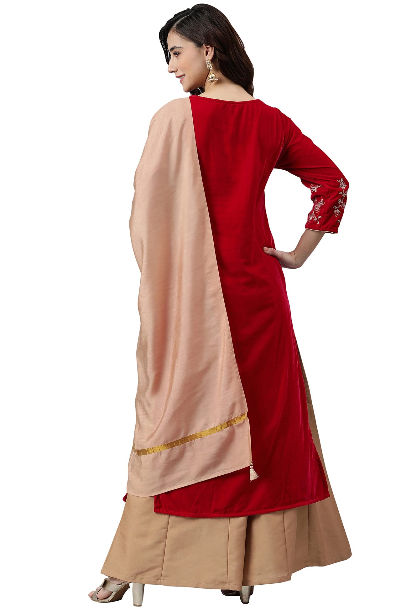 Janasya Women's  Red Velvet Kurta With Palazzo and Dupatta