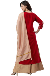 Janasya Women's  Red Velvet Kurta With Palazzo and Dupatta