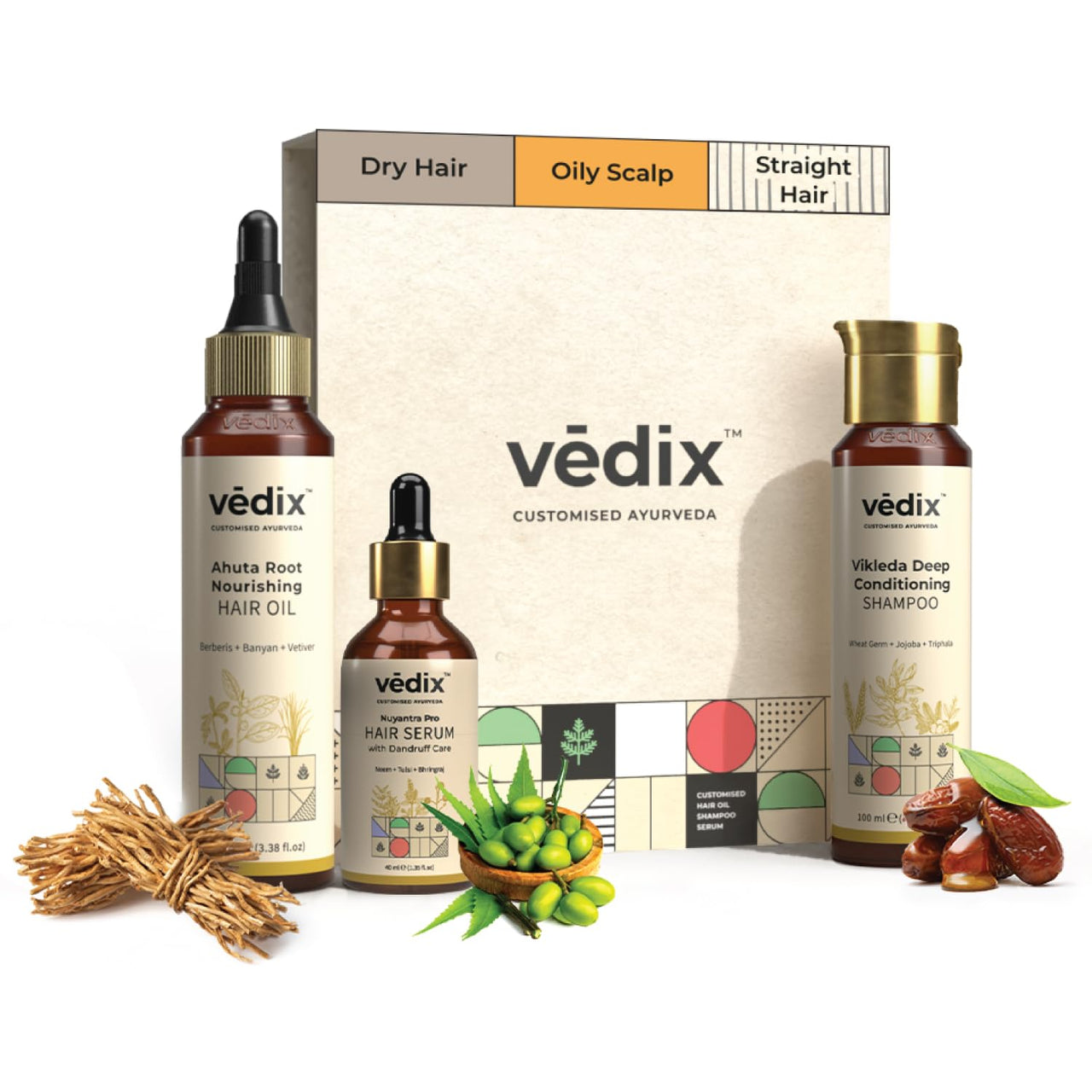 Vedix Customized Dandruff Care Regimen For Dry Hair - Oily Scalp & Straight Hair-3 Product Kit-Shampoo, Hair Oil, Nuyantra Pro Hair Growth Serum