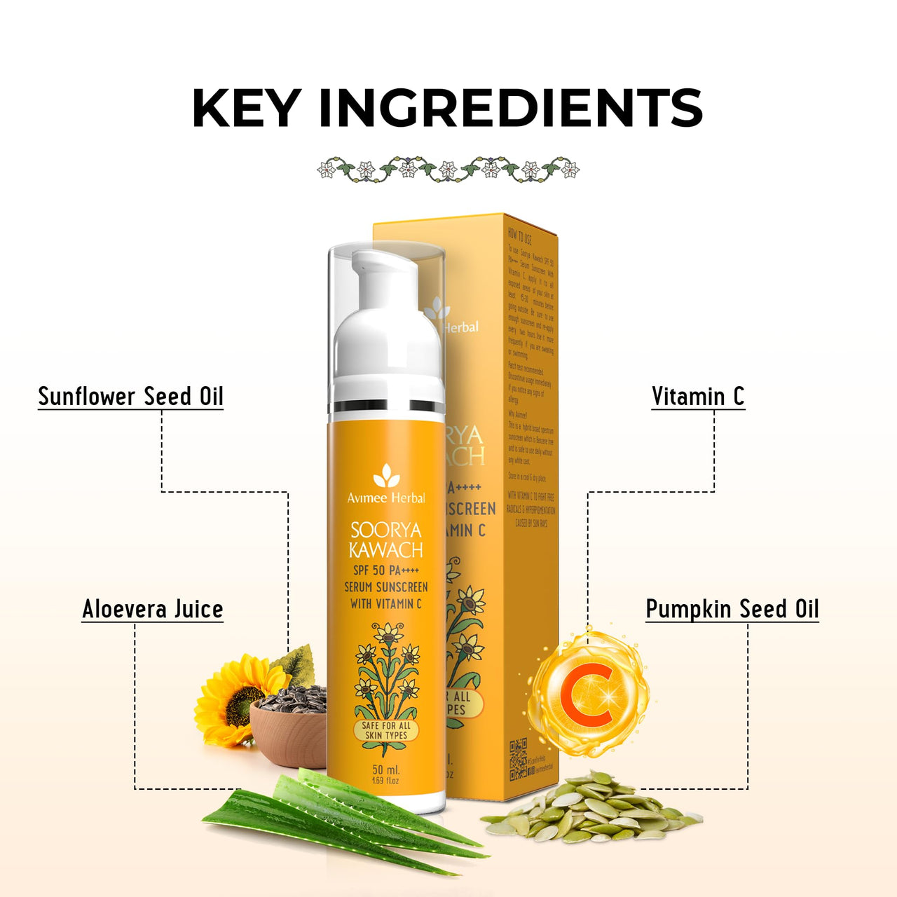 AVIMEE HERBAL Soorya Kawach Spf 50 Pa ++++ Serum Sunscreen With Vitamin C For All Skins Broad Spectrum Uva, Uvb & Blue Light Protection For Radiant & Glowy Skin 50 Ml