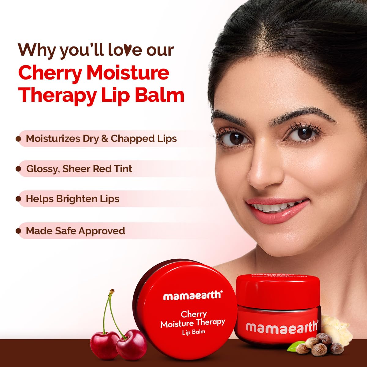 Mamaearth Cherry Moisture Therapy Lip Balm for Dry & Chapped Lips- 15 g | Heals, Brightens|Sheer Red Tint| Coconut Oil, Shea Butter, Cherry, Vitamin E, Ceramides, Kojic Acid | 100% Free of Petroleum Jelly