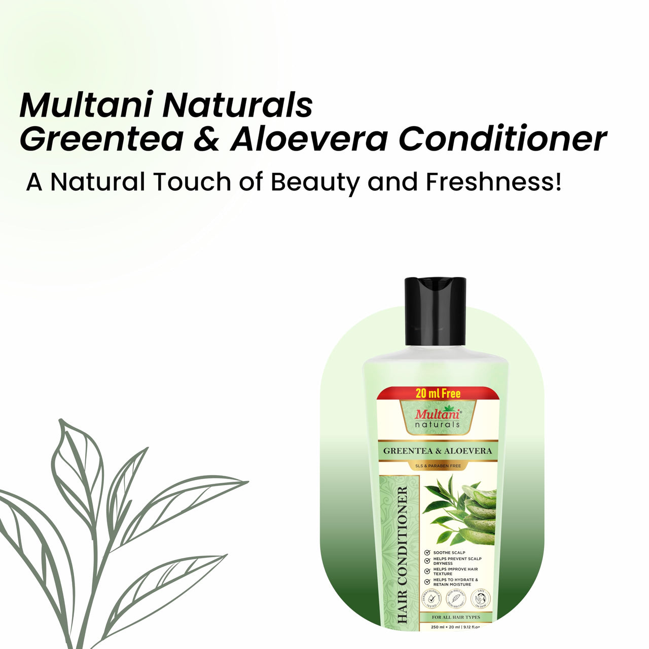 Multani Naturals Greentea & Aloevera Hair Conditioner || For Reducing Hair Fall | Improving Hair Texture | Strenghtening Hair Strands | Dermatologically Tested | SLS & paraben Free | Suitable For All Hair Types |250ml