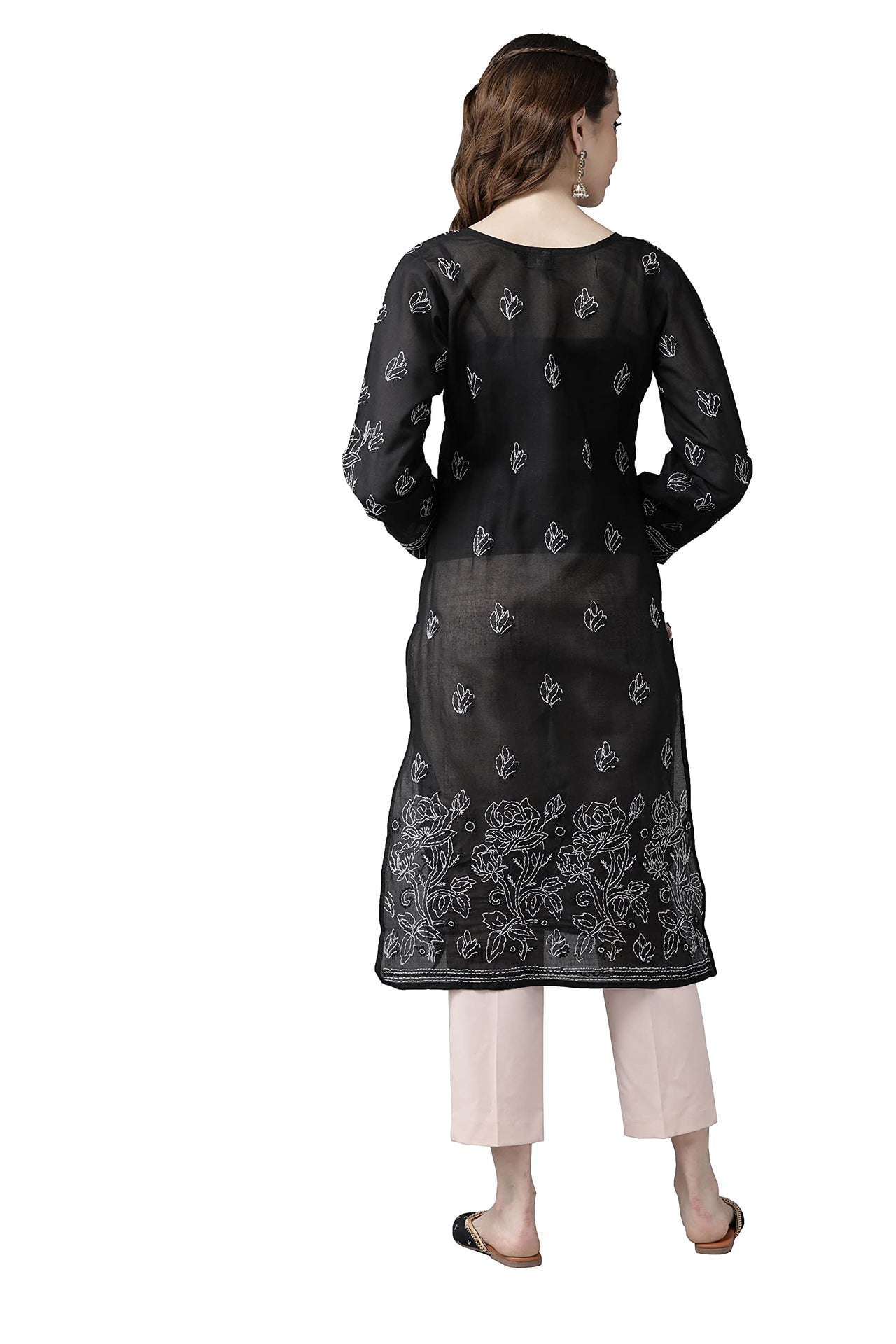 Ada Hand Embroidered Lucknowi Chikankari Straight Cotton Kurti Kurta for Women A220999 White 2XL