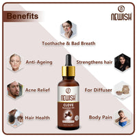 Newish Clove Oil 100% Pure & Natural, Undiluted, Best use Clove oil for Theeth Pain, Skin, Hair, Pimples, Acne, T Zone & Underarm - High Potency Premium Essential Clove Oil 30 ml