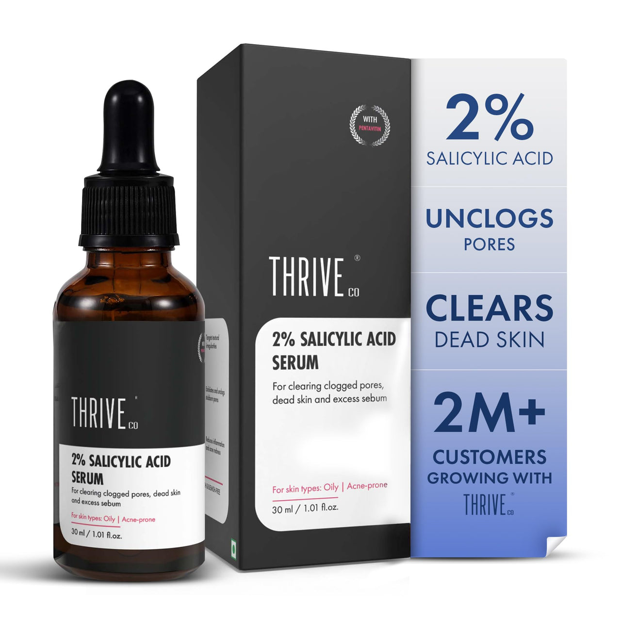 ThriveCo 2% Salicylic Acid Serum For Acne & Clogged Pores | Clears Dead Skin & Reduces Excess Sebum | For Men & Women | For Acne-Prone & Oily Skin | Non-Sticky, Vegan, Fragrance & Cruelty-Free | 30ml
