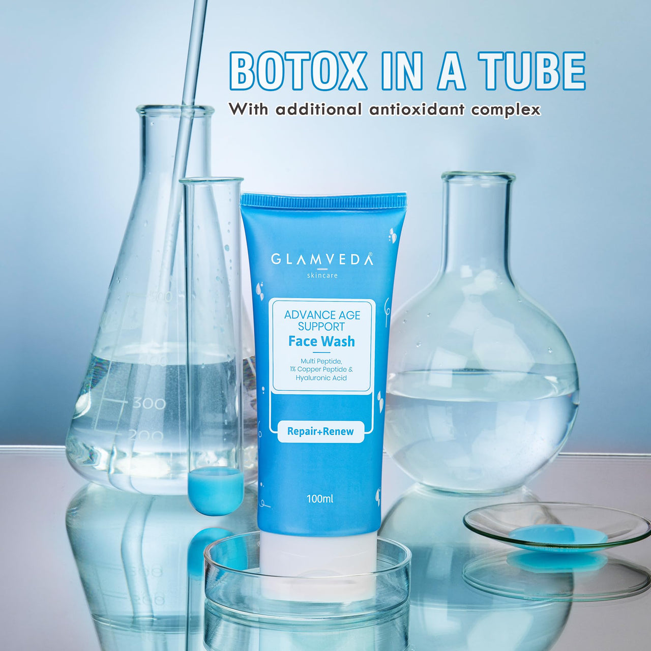 Glamveda Copper Peptide & Hyaluronic Acid Advance Age Support face Wash | Anti Ageing & Firming | All Skin Types | Multi Peptide Complex & Centella Assiatica | 100ml