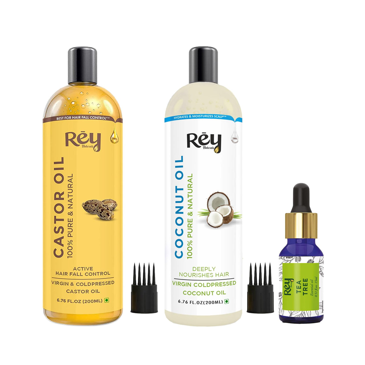 Rey Naturals Tea Tree Oil, Coconut Oil & Cold Pressed Castor Oil For Hair Growth, Dandruff & Hairfall Control, Acne, Dark Spots (200ml*2+15Ml), Cold Pressed Oil For Skin & Hair Care | Herbal Hair Oil