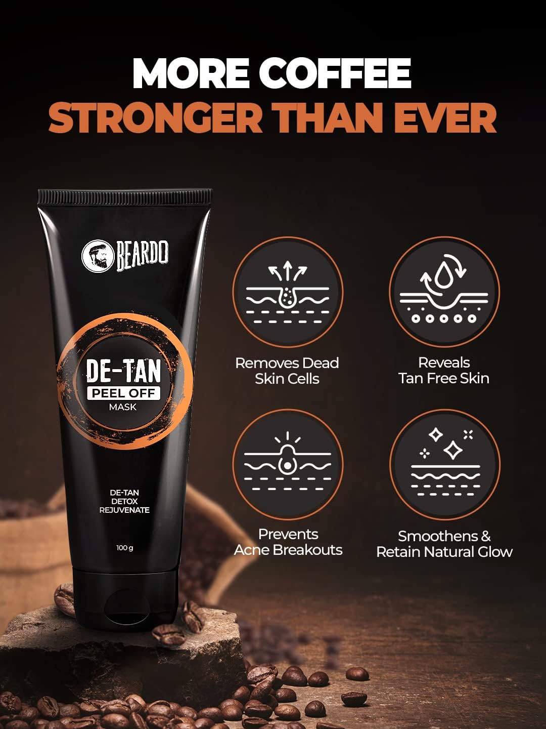 Beardo DeTan Peel off Face Mask for Men, 100g | Coffee Extract to Remove Tan & Deep Cleansing, Defeat Blackheads & Whiteheads, Face Mask for Glowing Skin