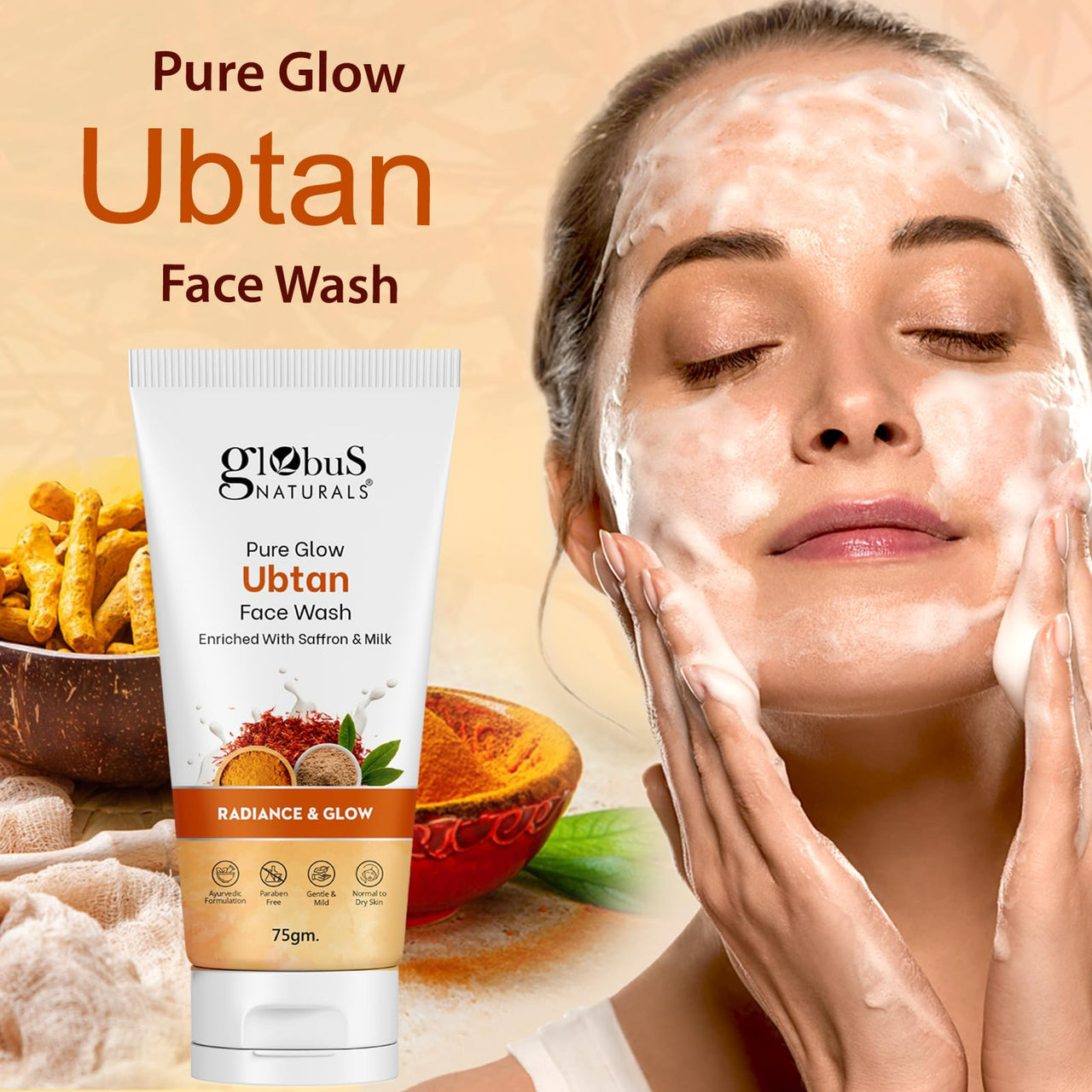 Globus Naturals Pure Glow Ubtan Face Wash, Enriched With Saffron & Milk, For Radiance & GLow, Natural, Gentle & Mild, Suitable For All Skin Types, 75 gm