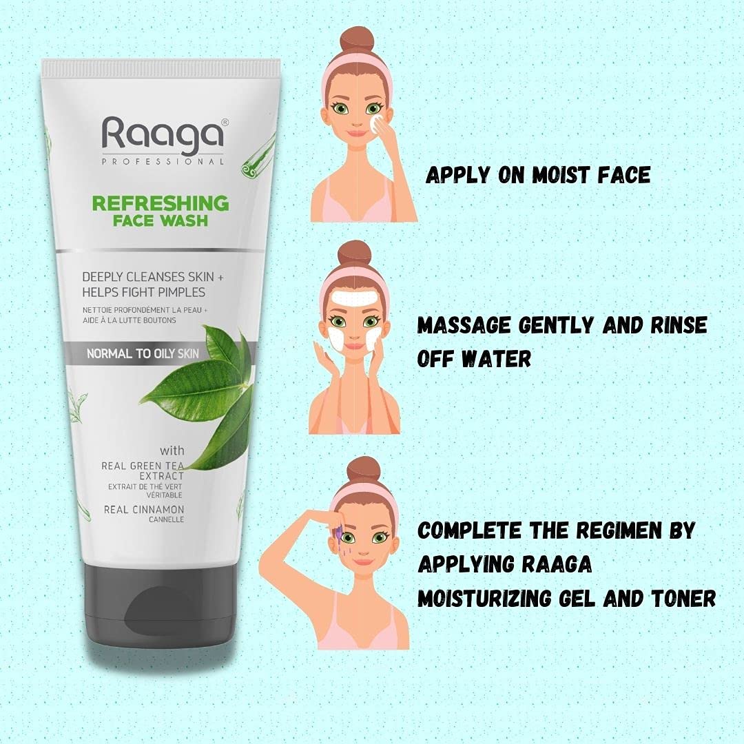 Raaga Professional Refreshing Facewash with Green Tea Extract and Cinnamon Extract | For Normal to Oily Skin | Deeply Cleanses Skin & Helps Fight Pimples (80 ml)