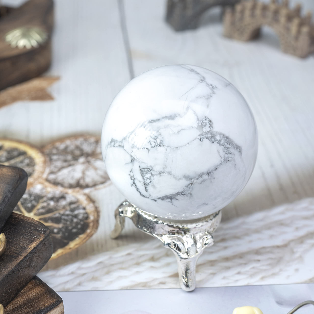Howlite | Crystal Sphere Ball | Gemstone Ball with Stand | Natural Gemstone for Healing Crystals | Crystal Balls for Witchcraft | Chakra Balancing | Spiritual Gift Home Decor | Size :- 40-50 mm Howlite Crystal Ball
