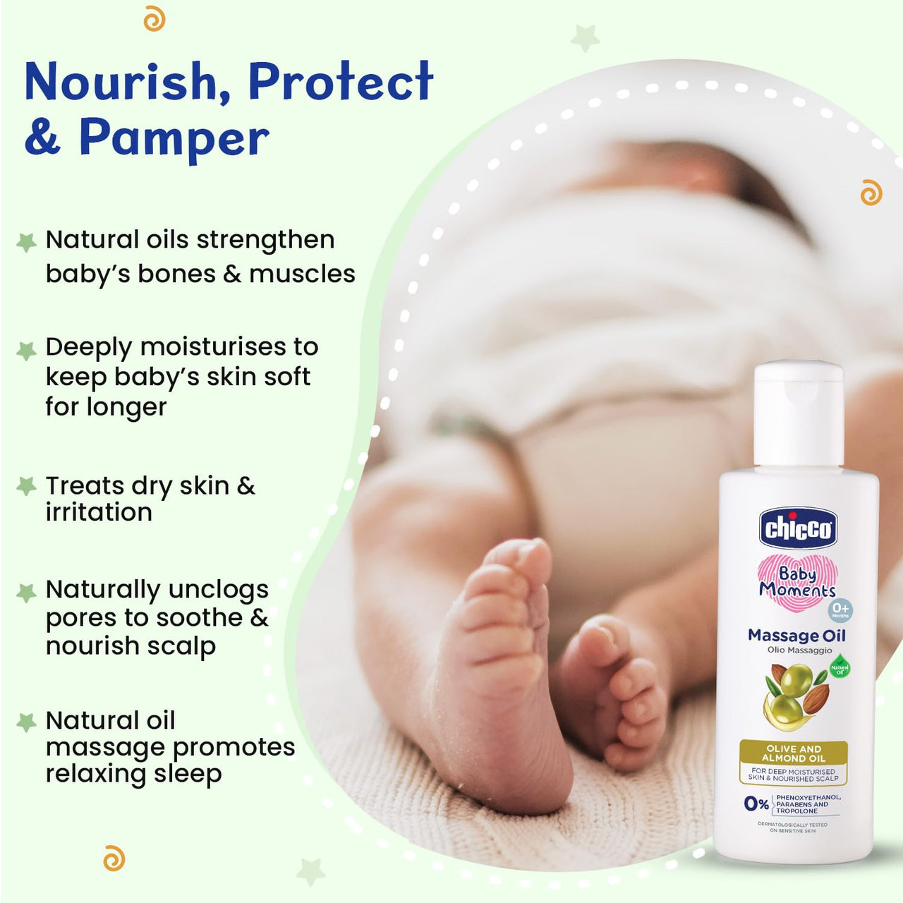 Chicco Baby Moments Massage Oil,New Advanced Non-Sticky&Moisturizing Formula with Natural Ingredients to Prevent Dryness,Suitable for Baby's Skin,Hair&Scalp,No Phenoxyethanol&Parabens (200Ml)