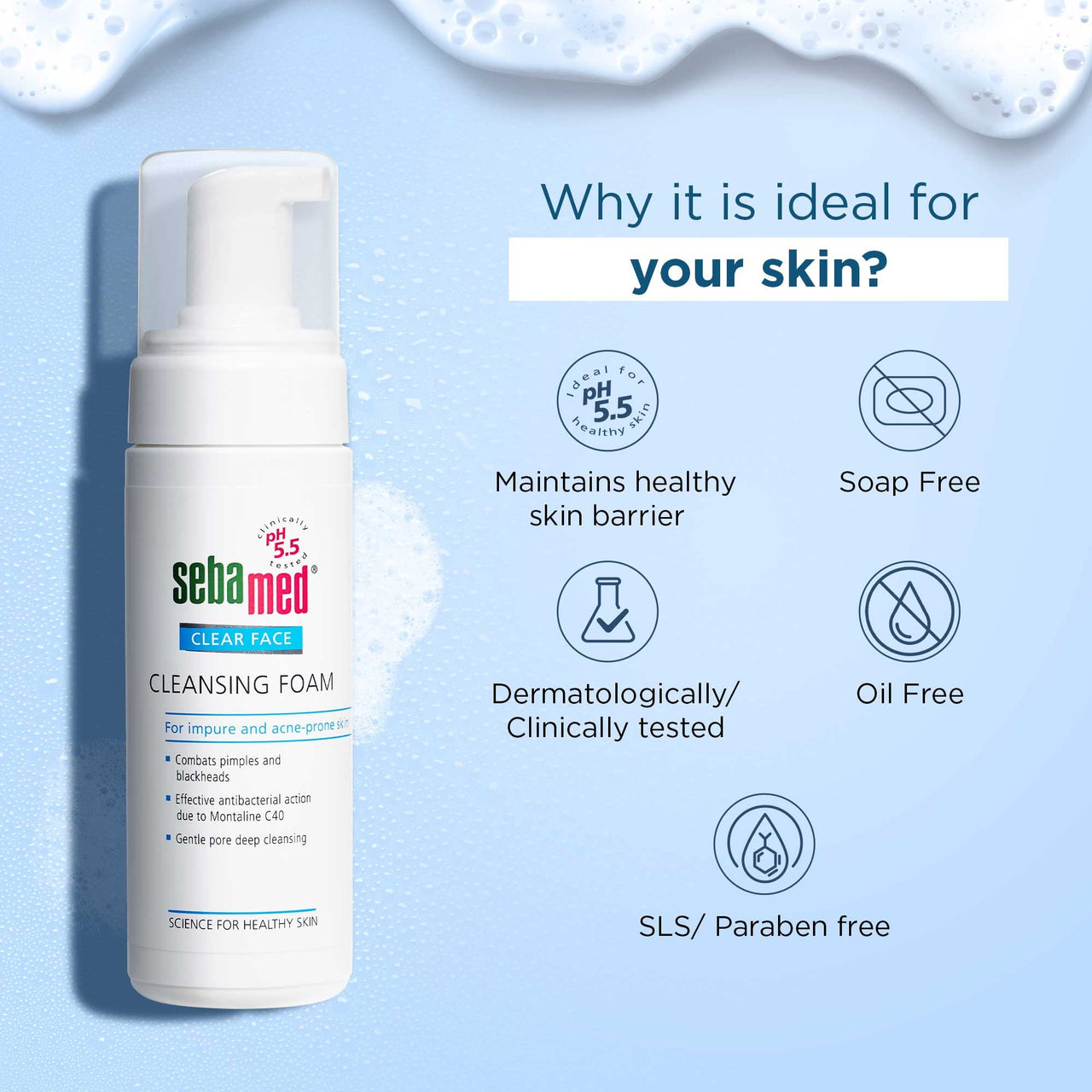 Sebamed Clear Face Cleansing Foam| pH 5.5 | Combats pimples with Montaline C40 | Deep pore cleansing | Dermatologically & clinically tested | 150ml