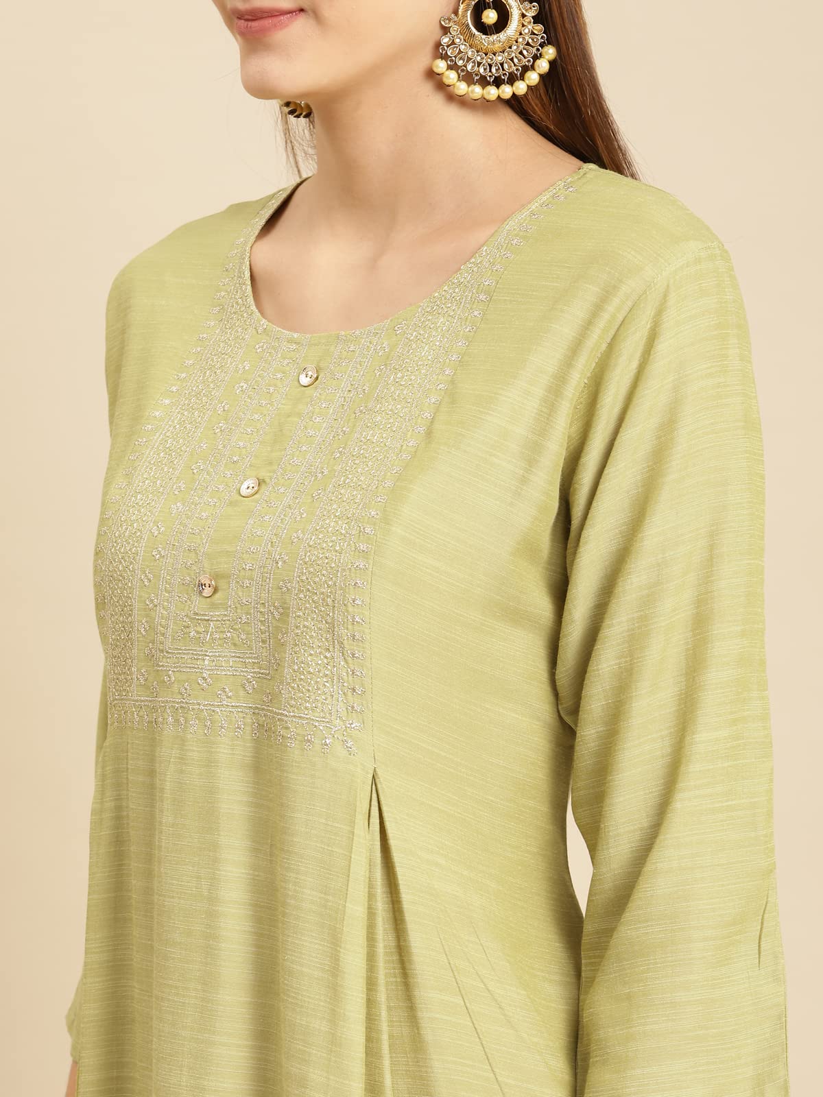 rangita Women Mint Green Yoke Zari Embroidered Calf Length A-Line Kurti