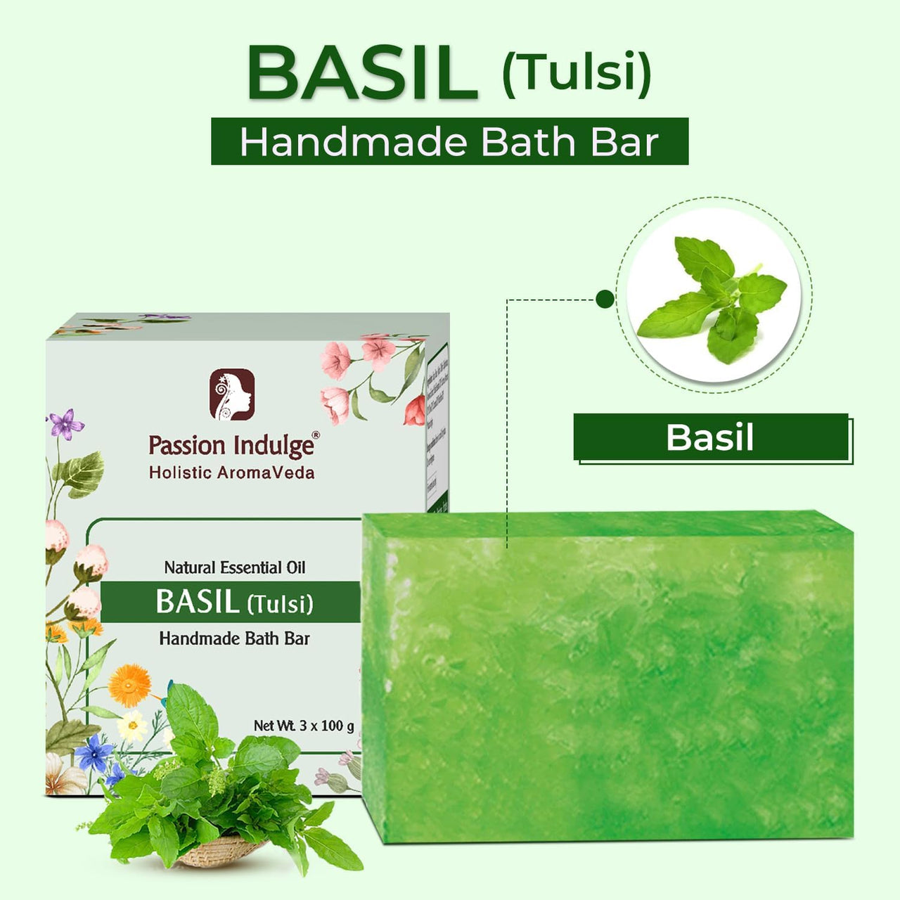Passion Indulge Handmade Soap Basil Natural Bath Bar - Pack of 3