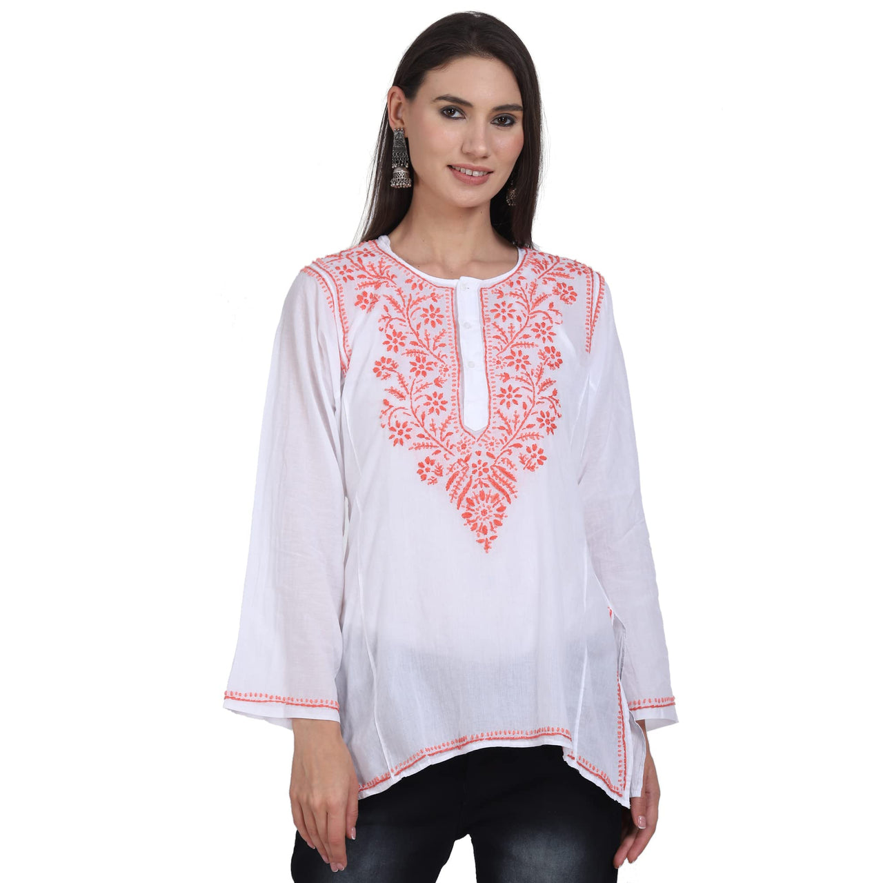 Paramount Women's  Chikankari Cotton White Straight Short Kurta Navy XS