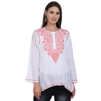 Paramount Women's  Chikankari Cotton White Straight Short Kurta Navy XS