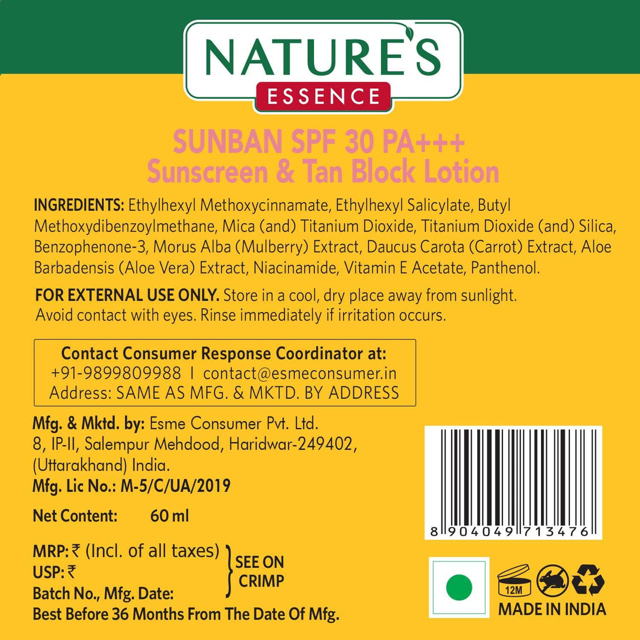 Nature's Essence Sunban Suncreen SPF 30 PA+++ | No White Cast and Broad Spectrum Sun screen | For All Skin Types | Non Greasy | Lightweight | For Men & Women | 60ml