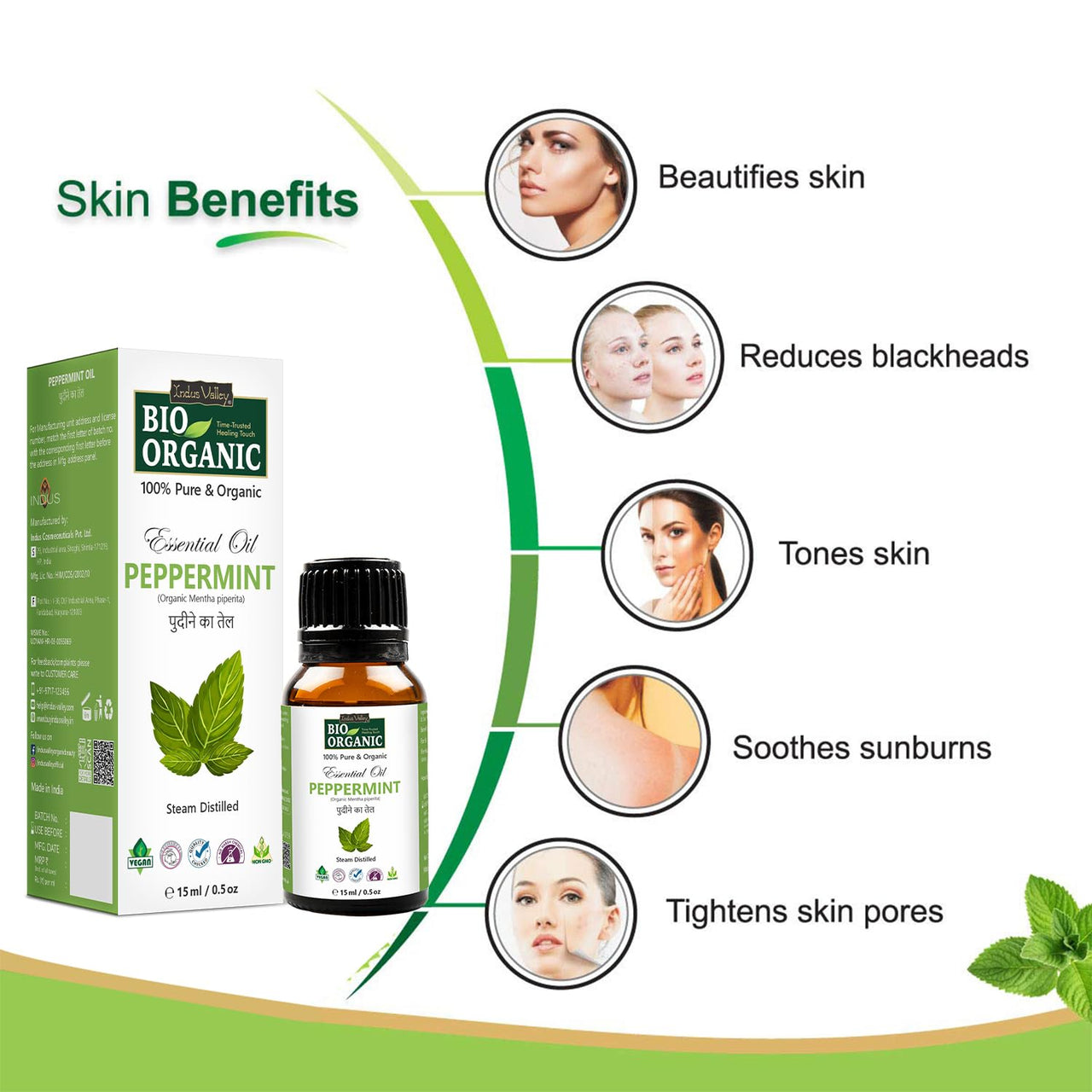 Indus Valley 100% Pure Natural & Organic, Undiluted Peppermint Essential Oil with Glass Dropper for Skin, Hair Care -15ml