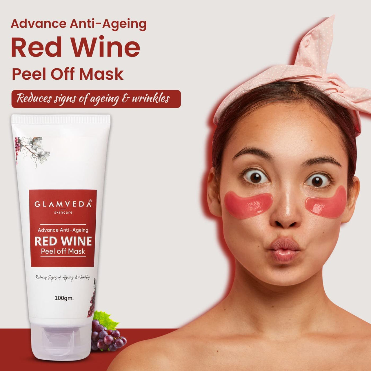 GLAMVEDA Red Wine Peel Off Mask - Anti-Aging, De-Tan & Glowing Skin Treatment. Removes Blackheads, Dark Spots, Minimizes Wrinkles, Suitable for All Skin Types, 100g