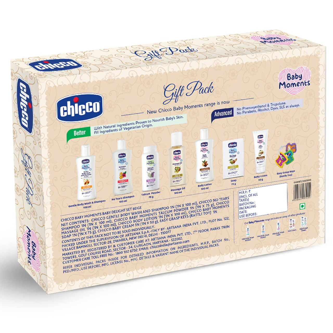 Chicco Baby Moments Delight Gift Pack Beige, Ideal Baby Gift Sets for Baby Shower, Newborn Gifting, New Parents, Birthdays, New Advanced Formula with 0% Phenoxyethanol, 0m+ (8 Items)