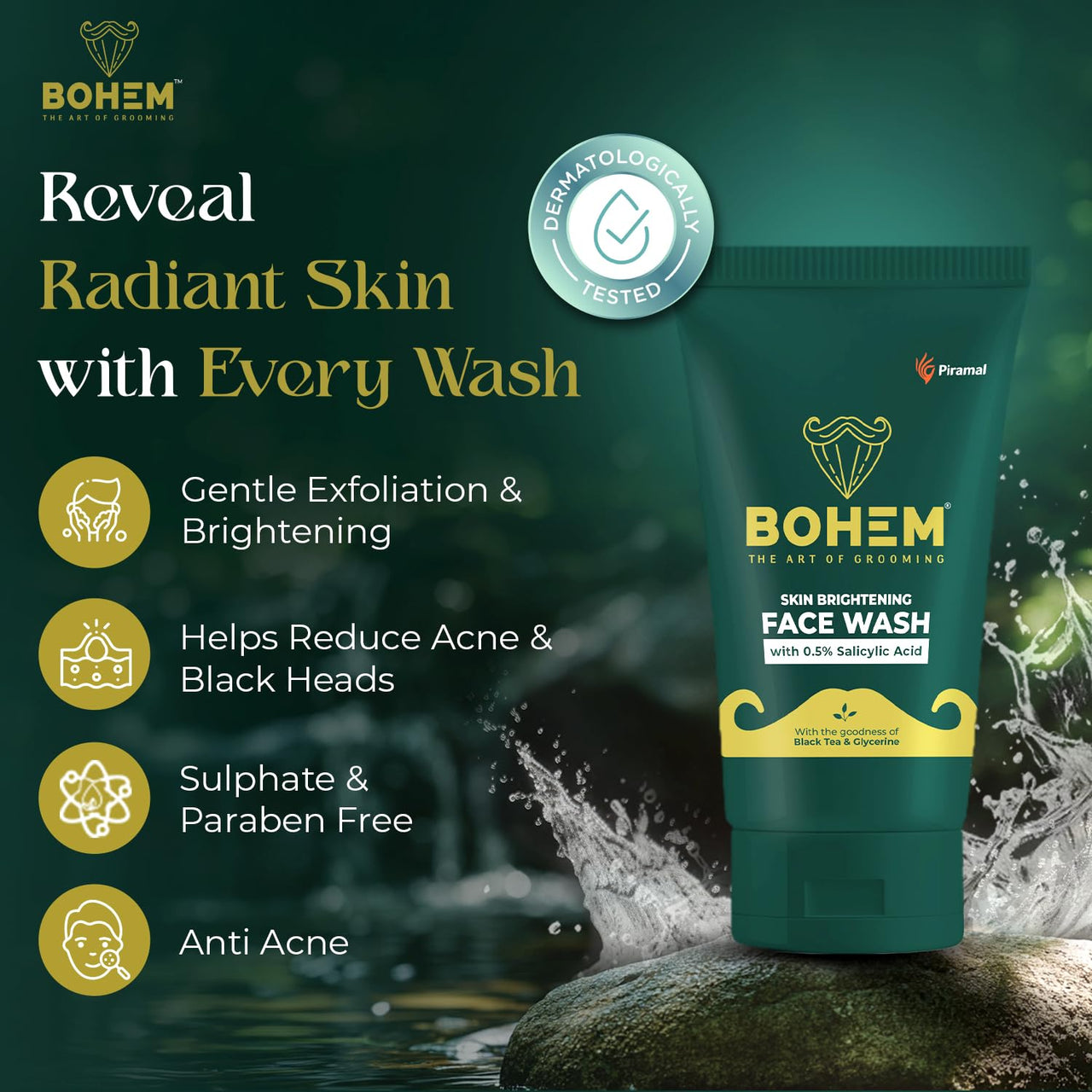 BOHEM Skin Brightening Face Wash for Men |100ml Pack of 2 | Anti Acne FaceWash for Glowing & Brightening Skin with 0.5% Salicylic Acid, Goodness of Black Tea Extract & Glycerine | All Skin Types