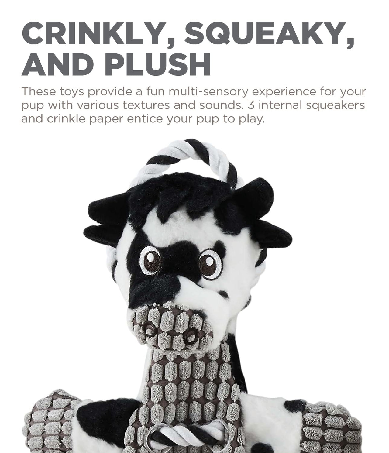 Charming Pet Outward Hound Ropes-A-Go-Go Cow Interactive Plush Squeaky Dog Tug Toy One-Size White and black