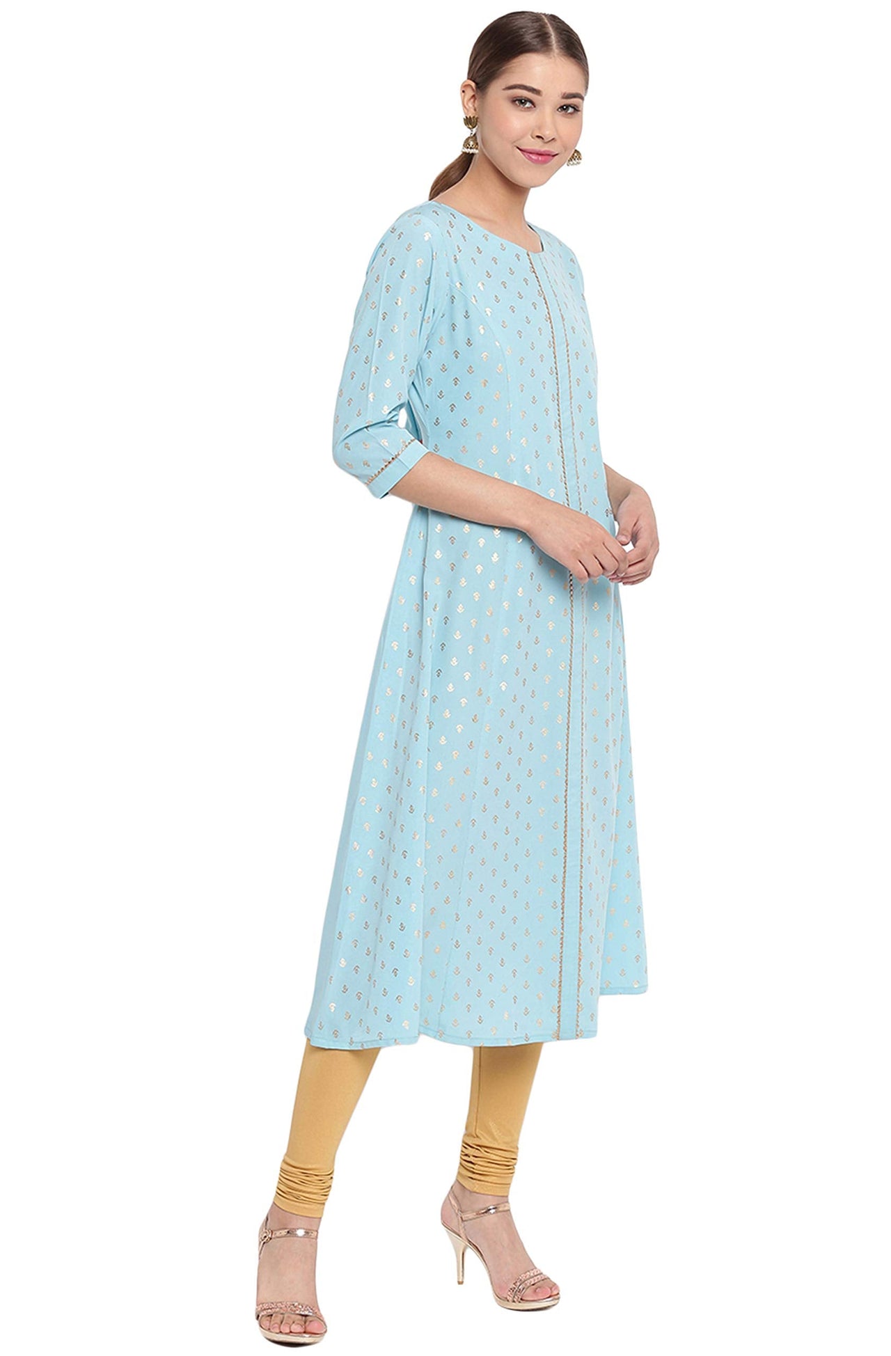 Janasya Women's  Turquoise A-Line Poly Crepe Kurta