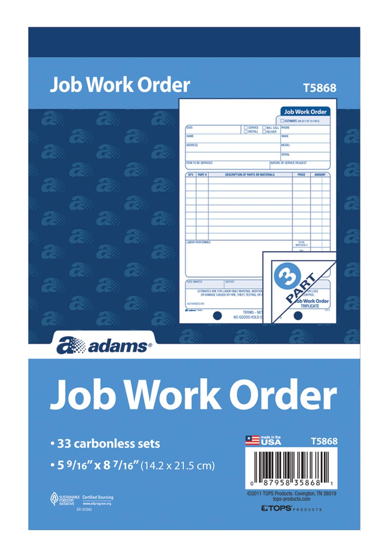 Adams Job Work Order Book, 3-Part Carbonless, White/Canary/White, 5-9/16 x 8-7/16 Inches, 33 Sets (T5868)