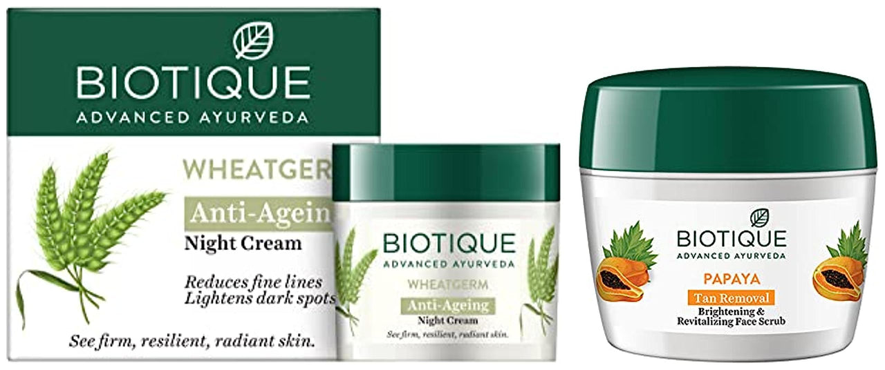 Biotique Papaya Tan Removal Brightening & Reviatalizing Face Scrub For All Skin Types, 235g & Biotique Wheat Germ Anti- Ageing Night Cream Reduces Fine Lines Lightens dark Spots, 50g