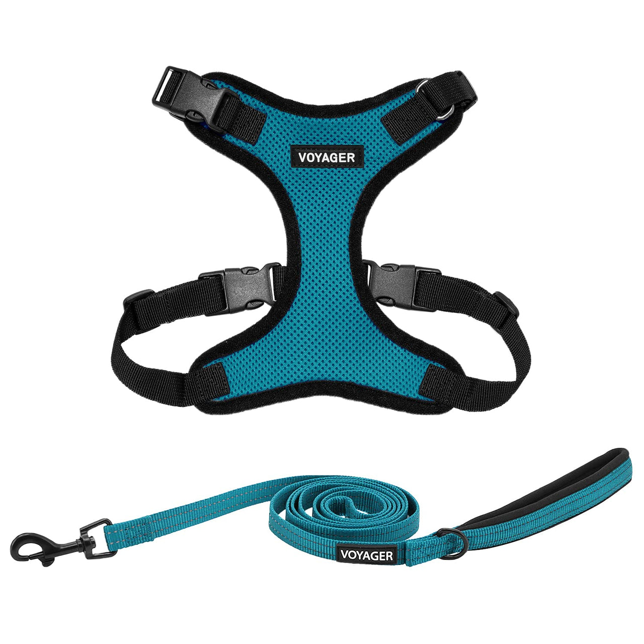 Voyager Step-in Lock Dog Harness w Reflective Dog Leash Combo Set with Neoprene Handle 5ft - Supports Small, Medium and Large Breed Puppies/Cats by Best Pet Supplies - Turquoise/Black Trim, S Harness Leash Set (Turquoise/Black Trim) S (Chest: 15 - 18")