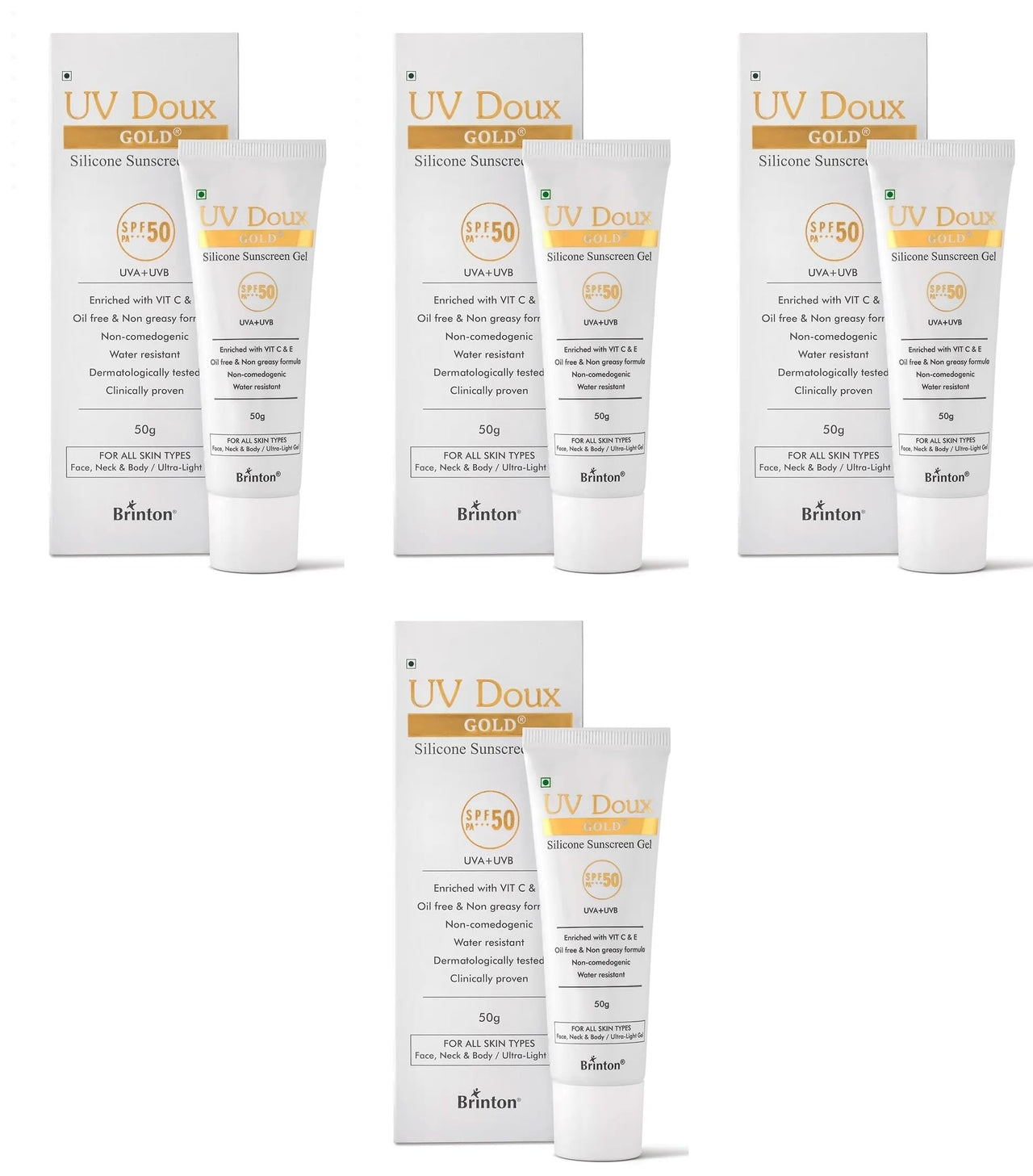 Brinton UV Doux Gold Silicone Sunscreen Gel SPF 50 PA+++ Enriched With Vitamin C & E | Water Resistant, Oil Free & Non- Greasy | UVA/UVB With Broad Spectrum, 50 g x Pack of 4