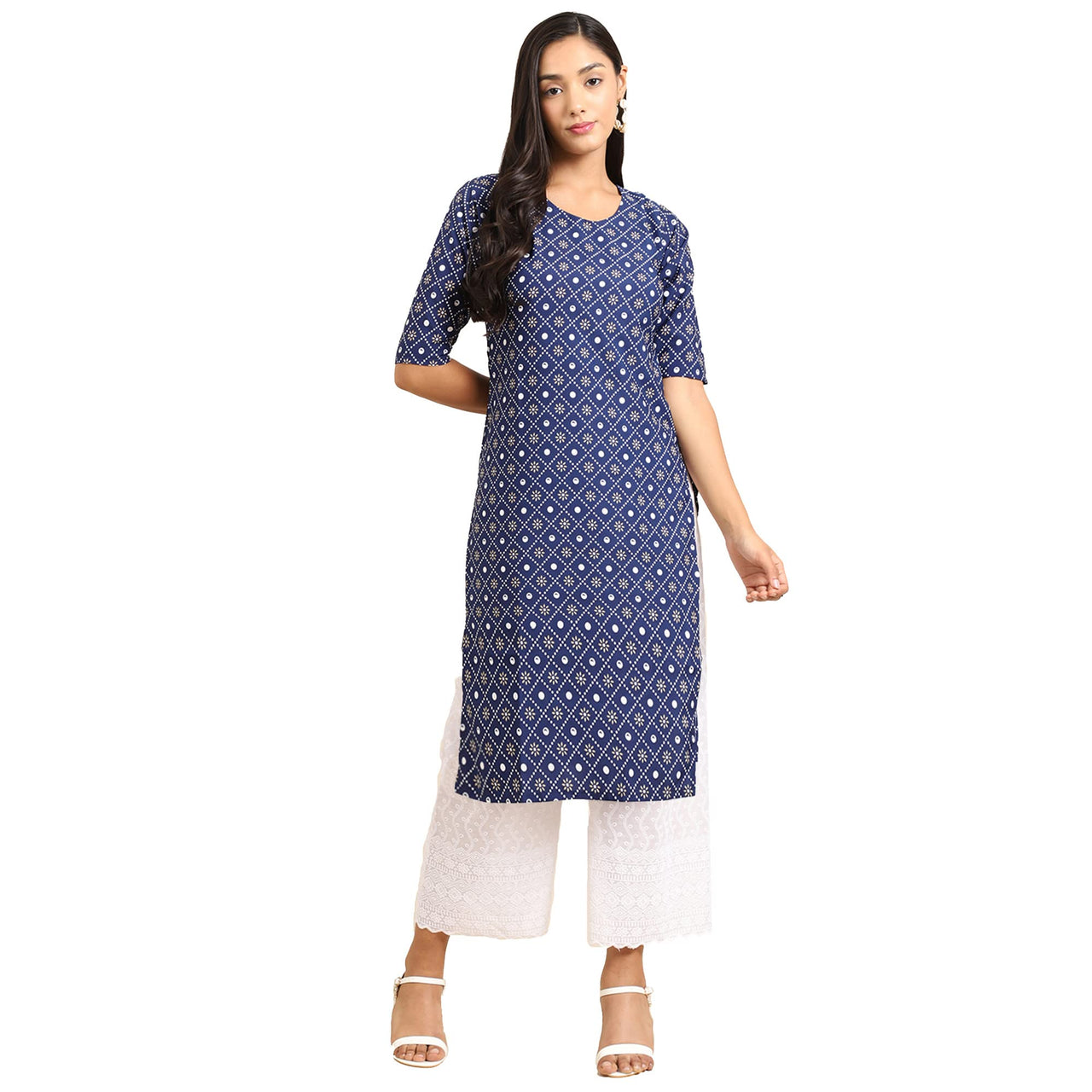 Pinkmint Women's  Crepe Blue Color Ethnic Motif Printed Straight Kurti (RI-530353-XXL)