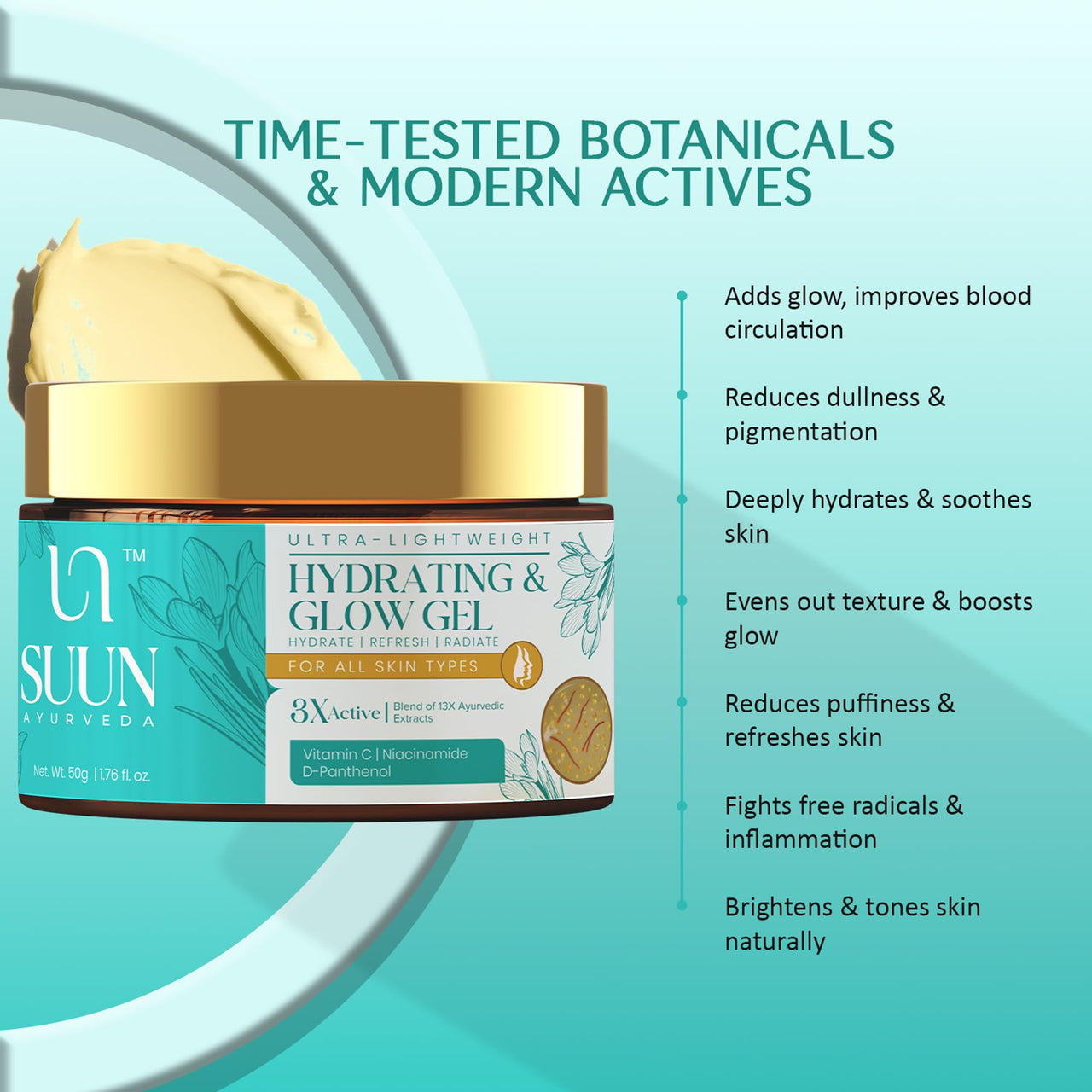 Suun Ayurveda 2% Vitamin C Brightening Moisturizer Cream with 5% Niacinamide,Rice Water with Hyaluronic Acid | Oil-Free, Lightweight Gel Cream for Glowing Skin | For All Skin Types, Men & Women | 50g