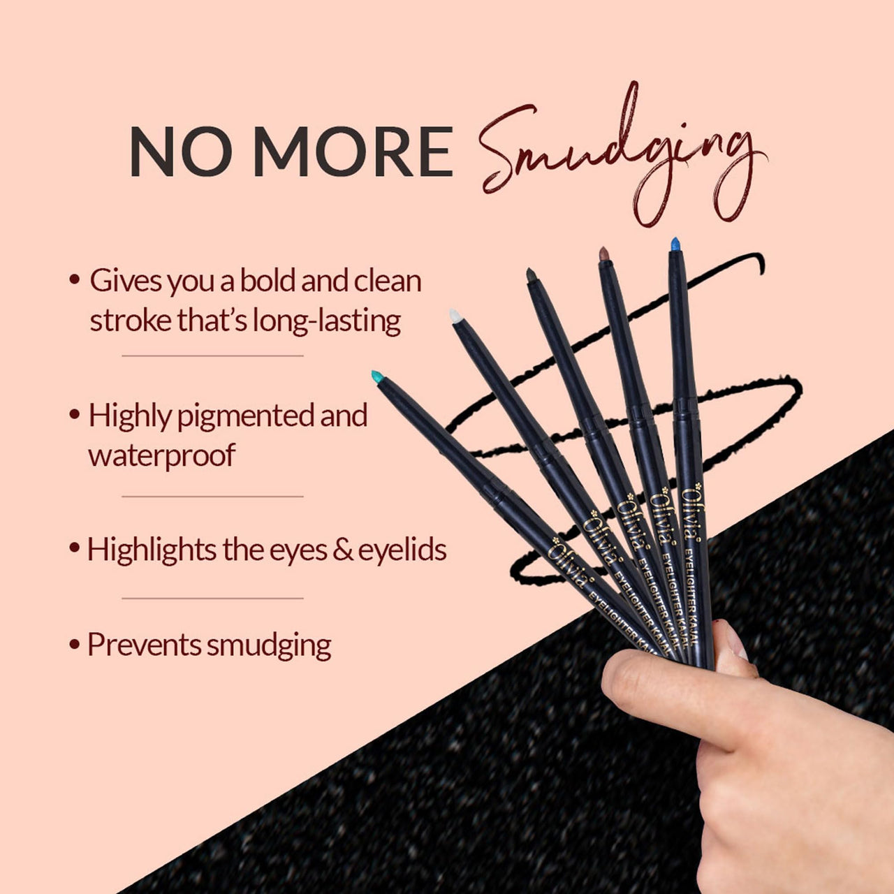 Olivia Eye Lighter Kajal - Black, 0.3G Long Lasting, One Stroke Smooth Glide,Waterproof, Smudgeproof & Fadeproof, Matte Finish Eye Makeup