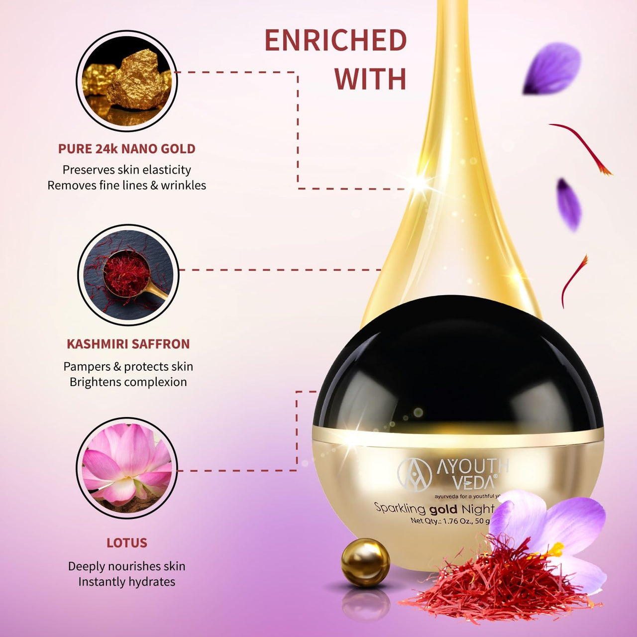 Ayouthveda Sparkling 24K Nano Elemental Gold Night Cream| Enriched with 24k Gold & Kashmiri Saffron|Reduces Fine Lines, Nourishes Skin, Improves Skin Firmness| (Luxury Packaging Pack of 1-50g)