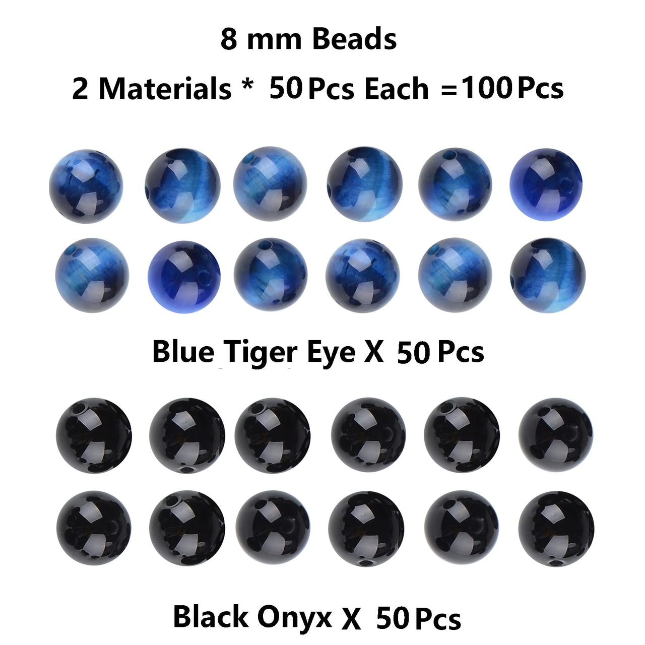 Massive Beads 100PCS Natural Crystal Beads Black Onyx & Blue Tiger Eye Gemstone Round Loose Energy Healing Beads with Free Crystal Stretch Cord for Jewelry Making (Black Onyx & Blue Tiger Eye, 8MM)