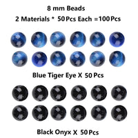 Massive Beads 100PCS Natural Crystal Beads Black Onyx & Blue Tiger Eye Gemstone Round Loose Energy Healing Beads with Free Crystal Stretch Cord for Jewelry Making (Black Onyx & Blue Tiger Eye, 8MM)